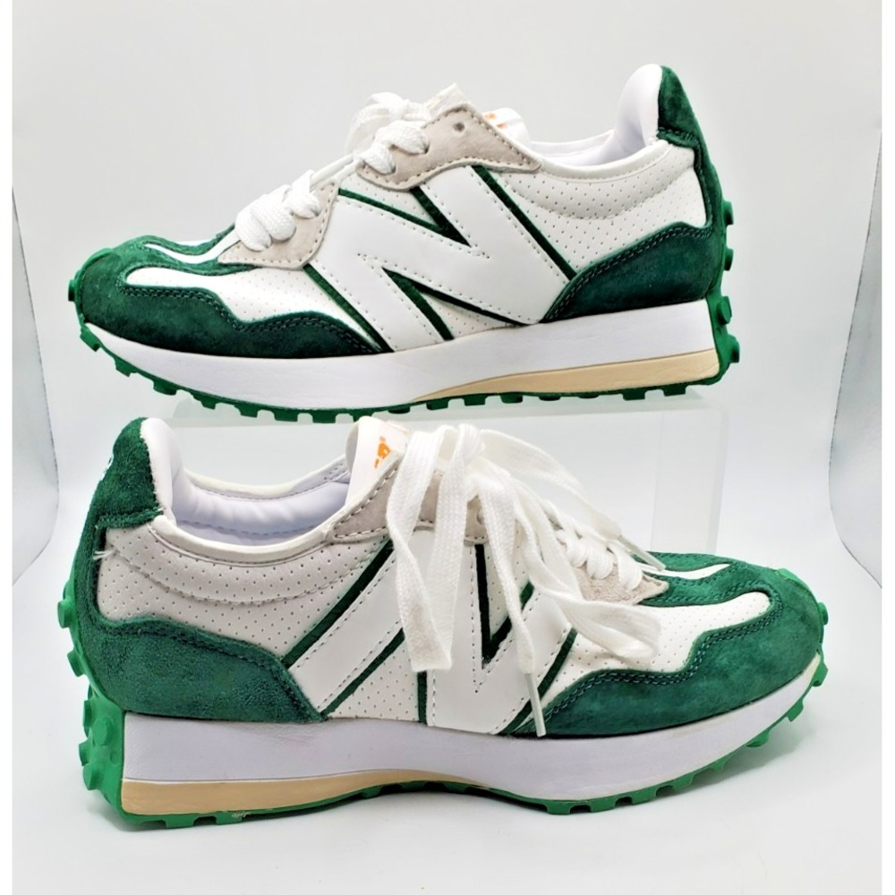 New Balance White and Green Retro Athletic Sneakers